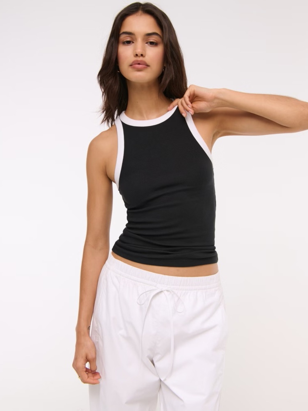 Abercrombie & Fitch Essential Tuckable High-Neck Rib Tank Black Cotton Medium